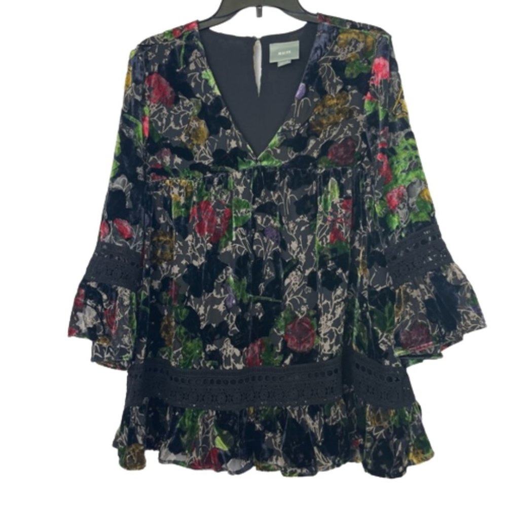 Maeve velvet burnout black floral blouse size Medium